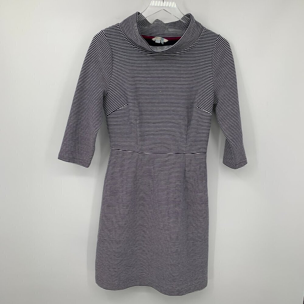 Boden Zoe ponte knit striped shift dress navy blue white stretch funnelneck 6